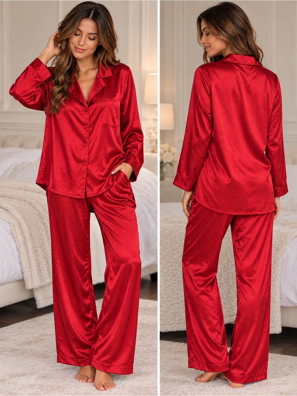 Victoria’s Secret • Red Satin Pajama Set Long Sleeve Button Down Pants (M)